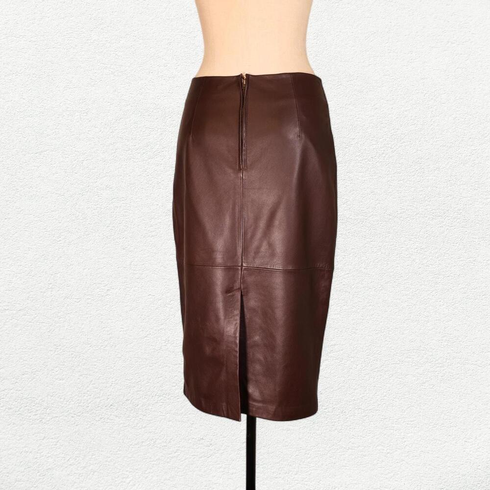 Rouje Paris Fiona Leather Pencil Midi Skirt in Chocolate Brown Burgundy - Picture 6 of 9